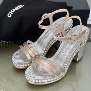 Chanel Heel Sandals, Silver & Cream with Pearls